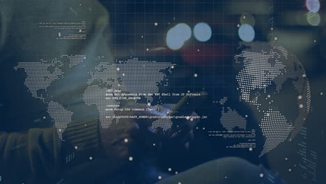 world map and coding animation over person using smartphone in dim light