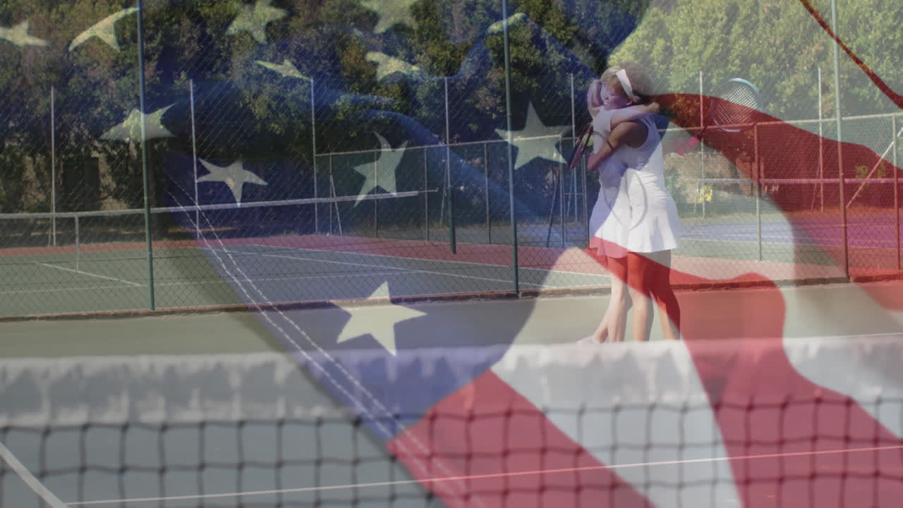 Women teammates hugging on tennis court, showing floating sports marketing data and logo overlays