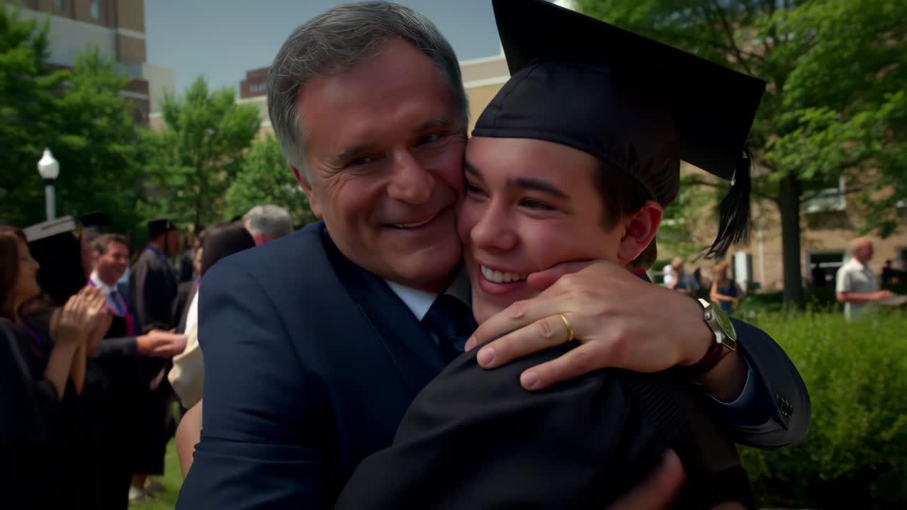 Joyful embrace at a university graduation ceremony