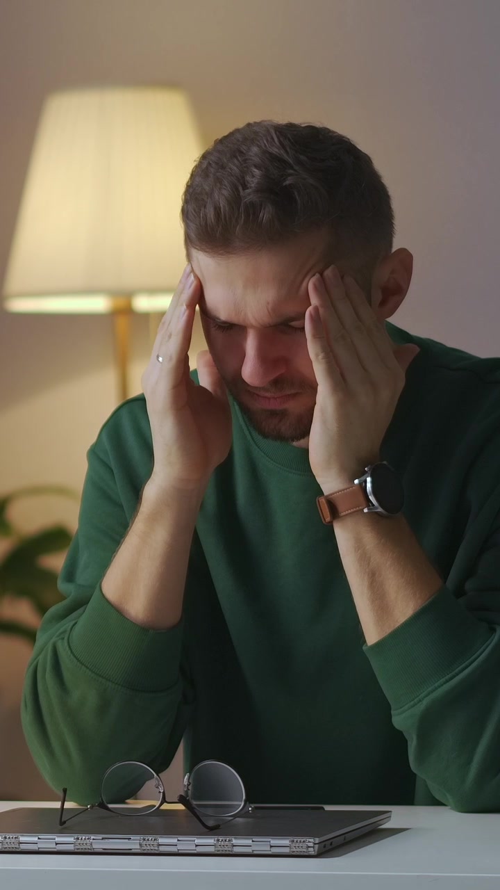 Uomo stanco che chiude il laptop e si strofina gli occhi