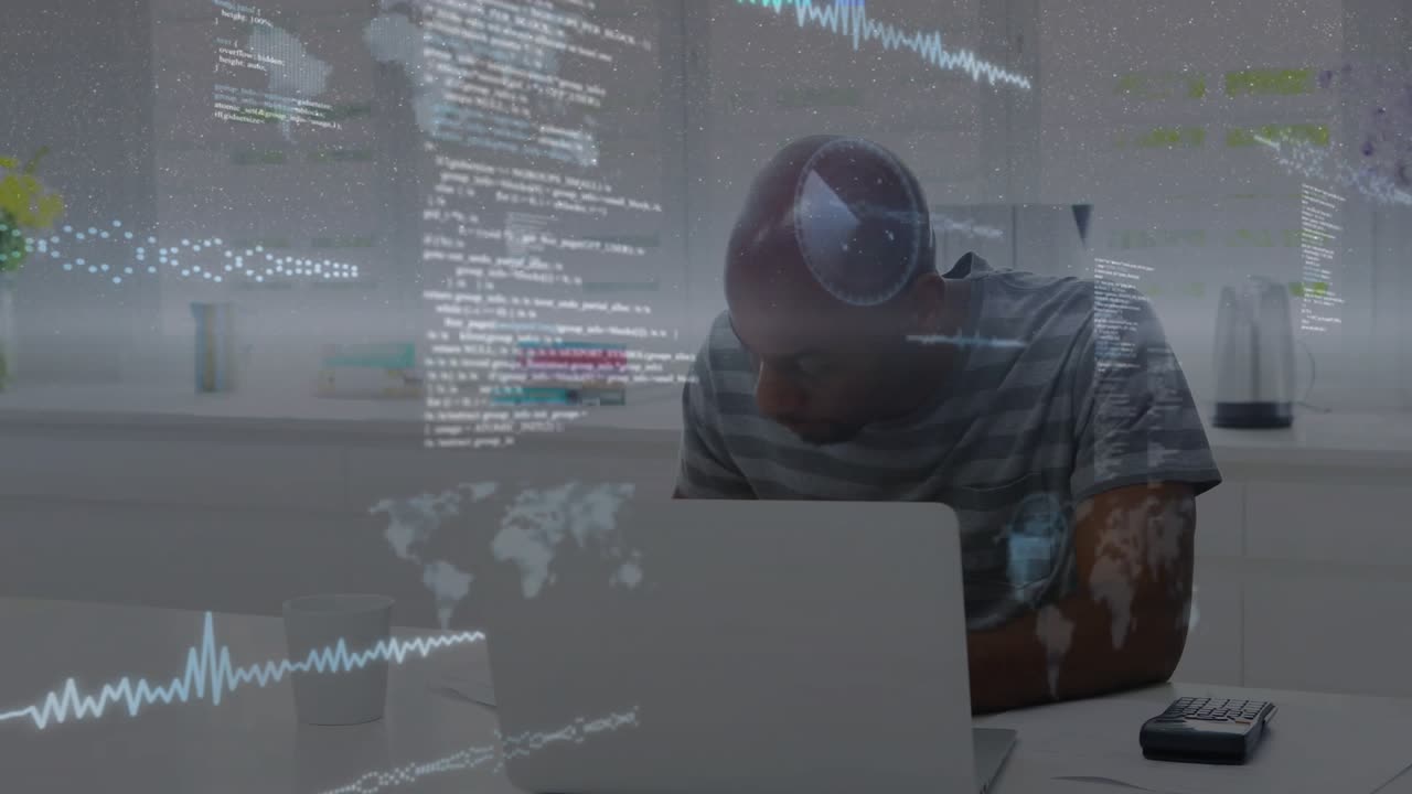Software developer tapping keyboard and activating holographic map code overlays for data analysis