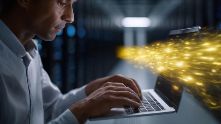 Focused individual working on a laptop in a data center, illuminated by dynamic light streams representing data transfer and technological innovation