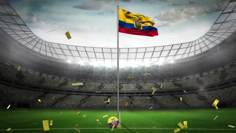 Golden-confetti-falling-over-waving-ecuador-flag-against-sports-stadium-in-background