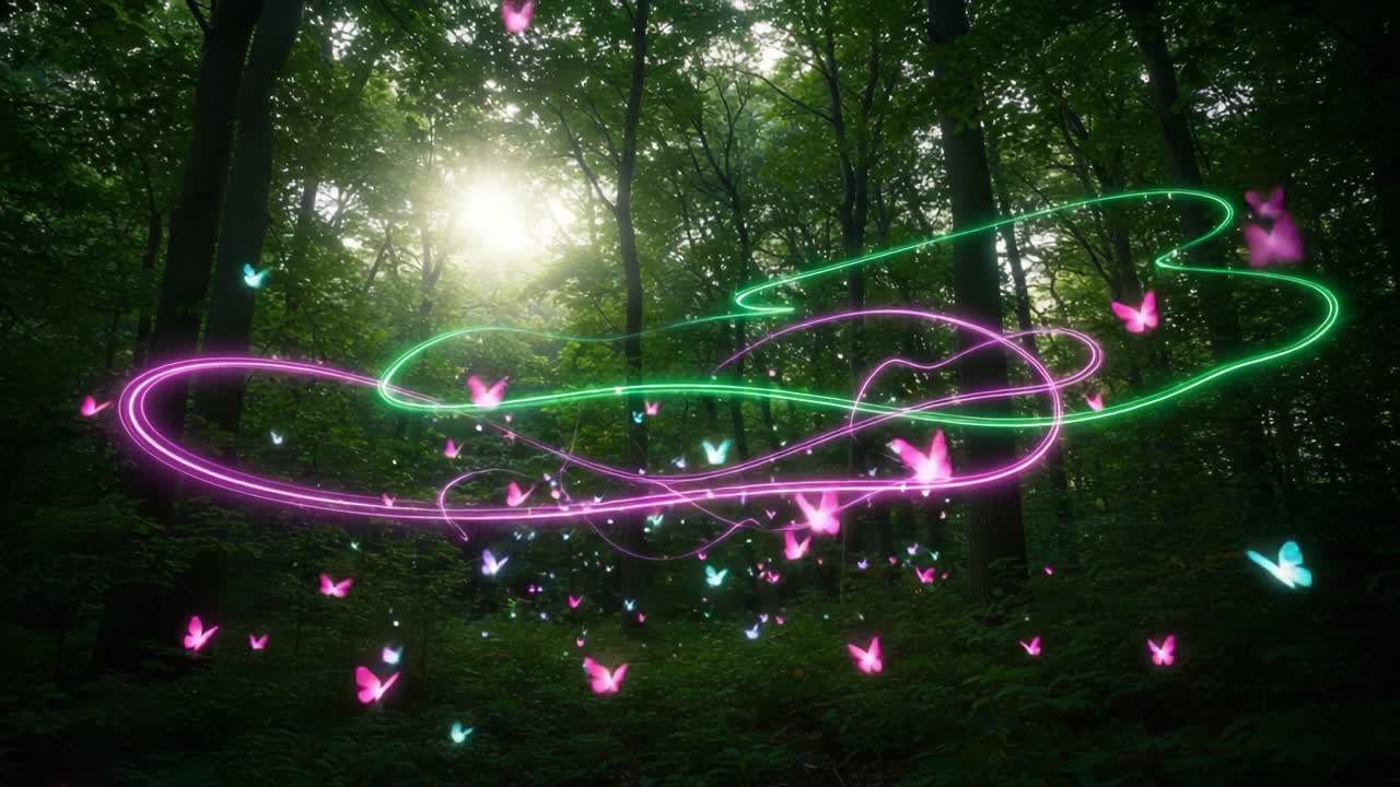 A Magical Forest Scene Filled with Colorful Butterflies and Glowing Light Trails, Creating a Dreamlike Atmosphere of Nature's Beauty and Wonder