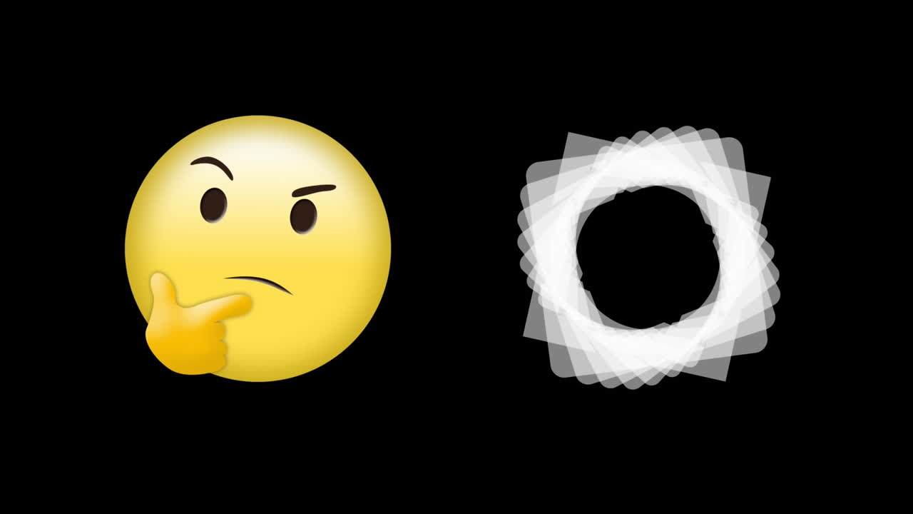 추상적인 기하학적 모양의 디지털 애니메이션 검은 바탕에 회전하고 생각하는 얼굴 이모티콘