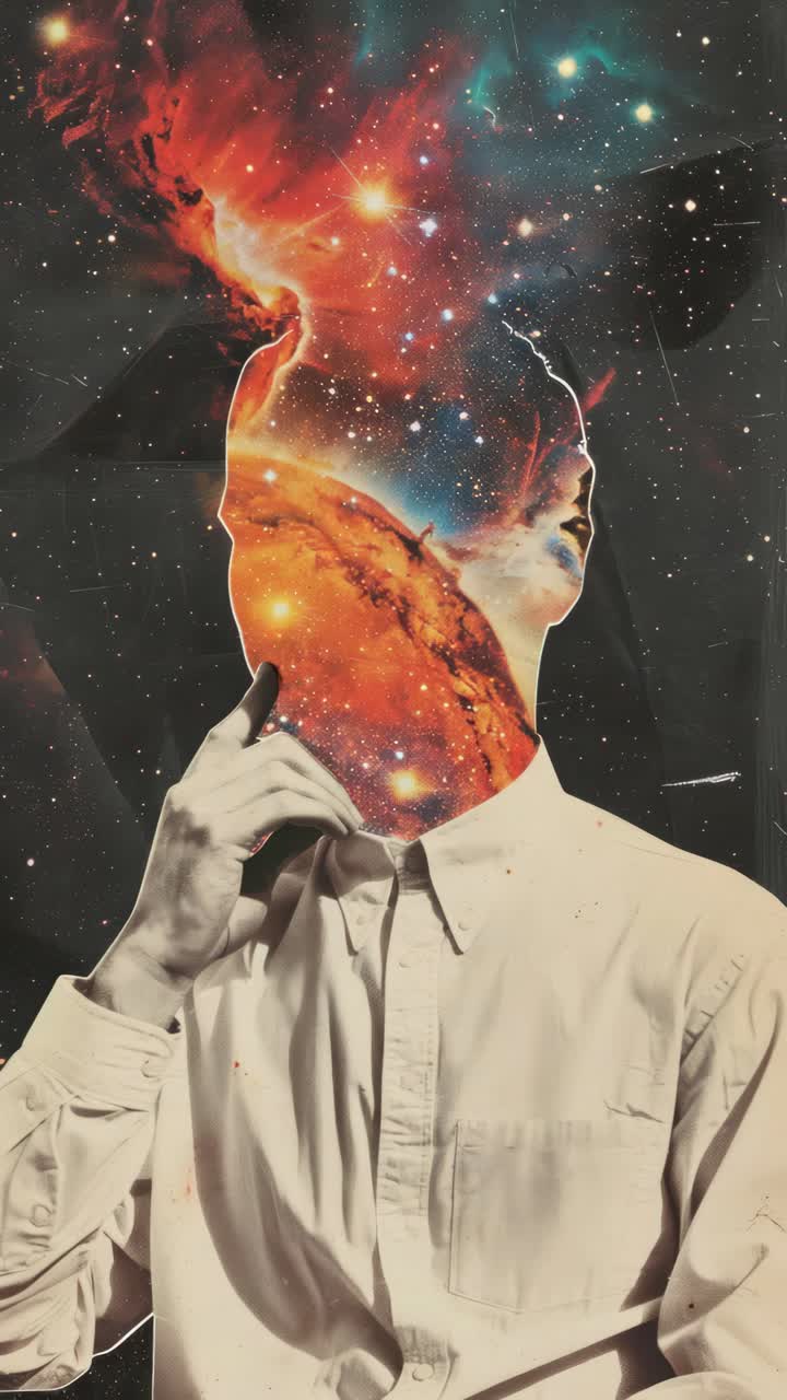 Surreal portrait of a person with a cosmic head, blending galaxies and stars