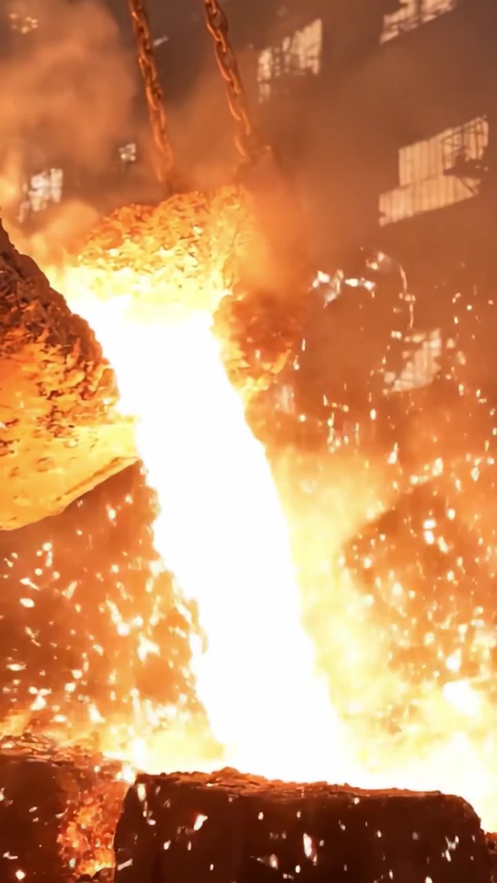 Scena dinamica di metallo fuso che scorre in un ambiente industriale, catturata in due fotogrammi chiave – Uno sguardo nel mondo intenso delle operazioni di fonderia metallurgica.