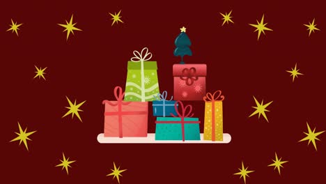 Animation-of-christmas-stars-falling-over-presents-on-brown-background