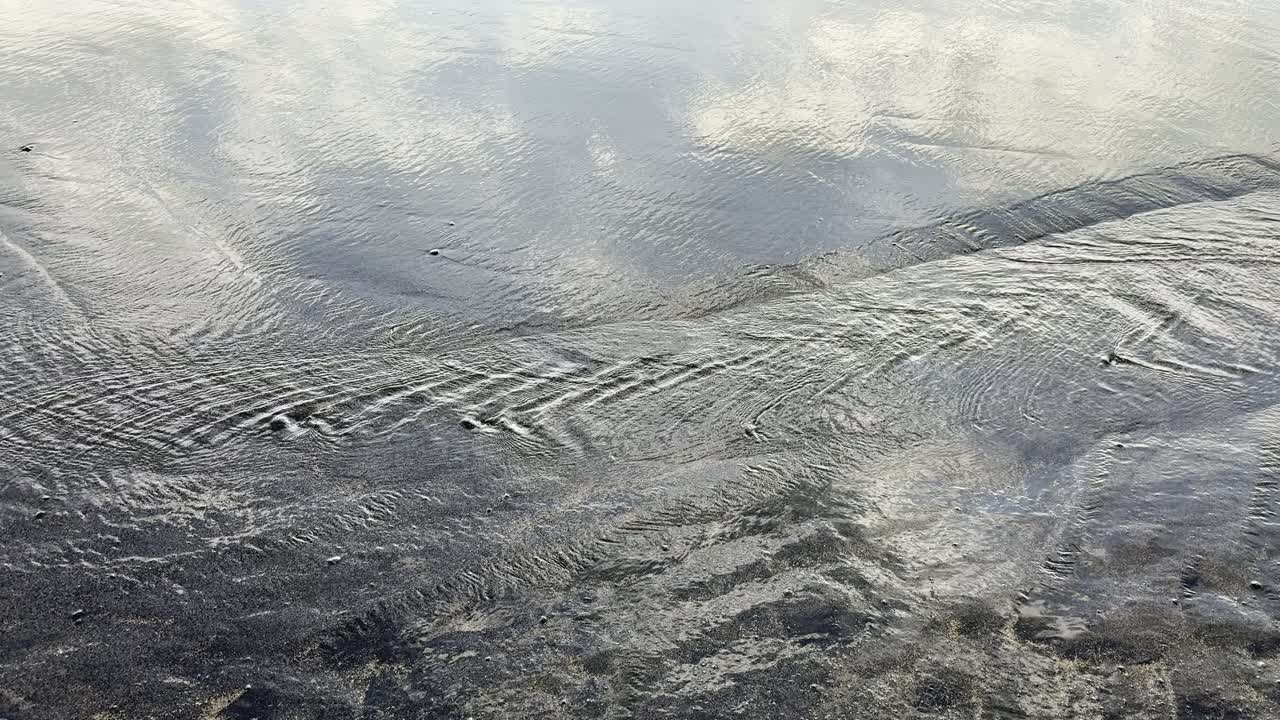 Water Flowing Over Dark Sand with Ripples and Reflections