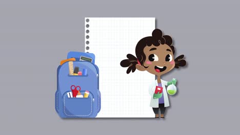 Cuaderno,-Mochila-Escolar-Y-Niña-Con-Iconos-De-Bata-De-Laboratorio-Sobre-Fondo-Gris