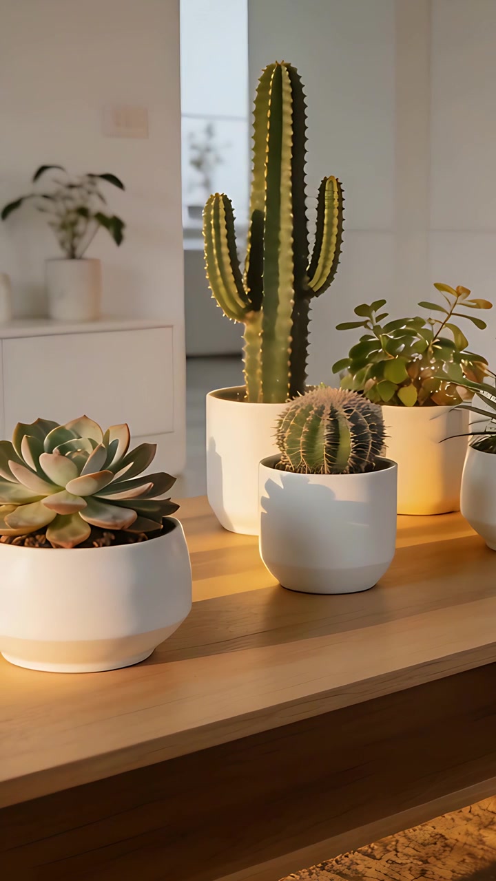 Video verticale: La telecamera si sposta avvicinandosi a un cactus alto e a delle piante su una mensola di legno, con la luce del sole che cambia.