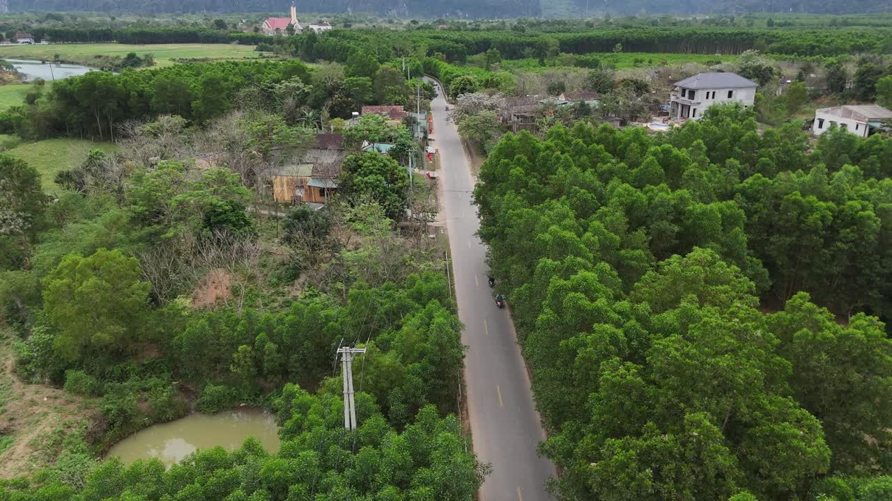 Aerial view of bike driving on country road in forest in the evening at twilight