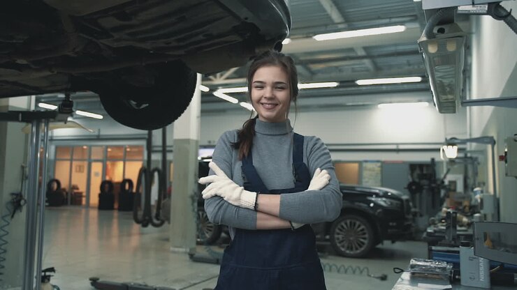 Mechanic young female posing and looking at camera in a car workshop. International Women's Day.