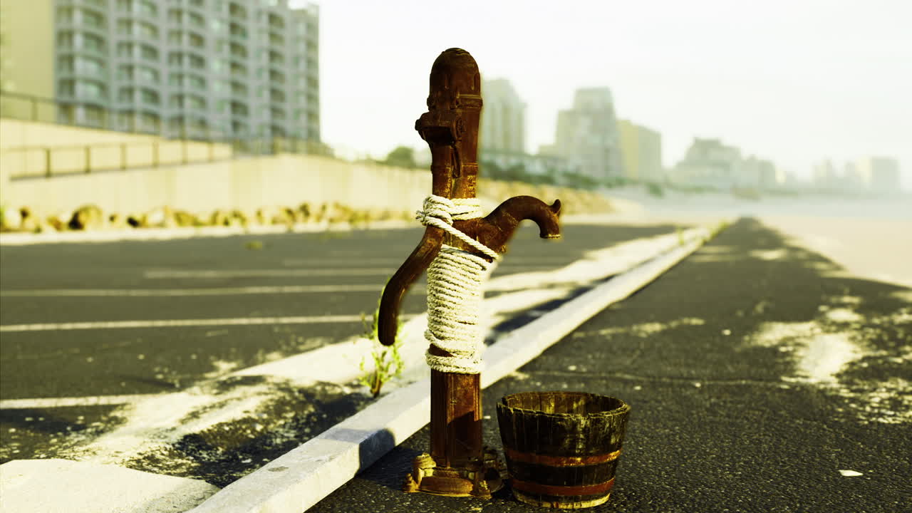 Rusty water fountain tied with rope near beach promenade in early morning