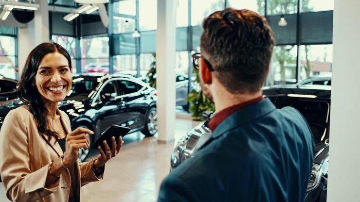 A video still shows a mid-angle view of a man and woman in a modern car showroom