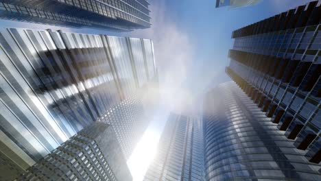 looking up at skyscrapers