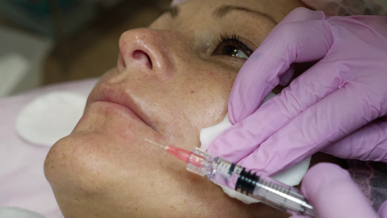Woman receiving dermal filler injection for cosmetic enhancement