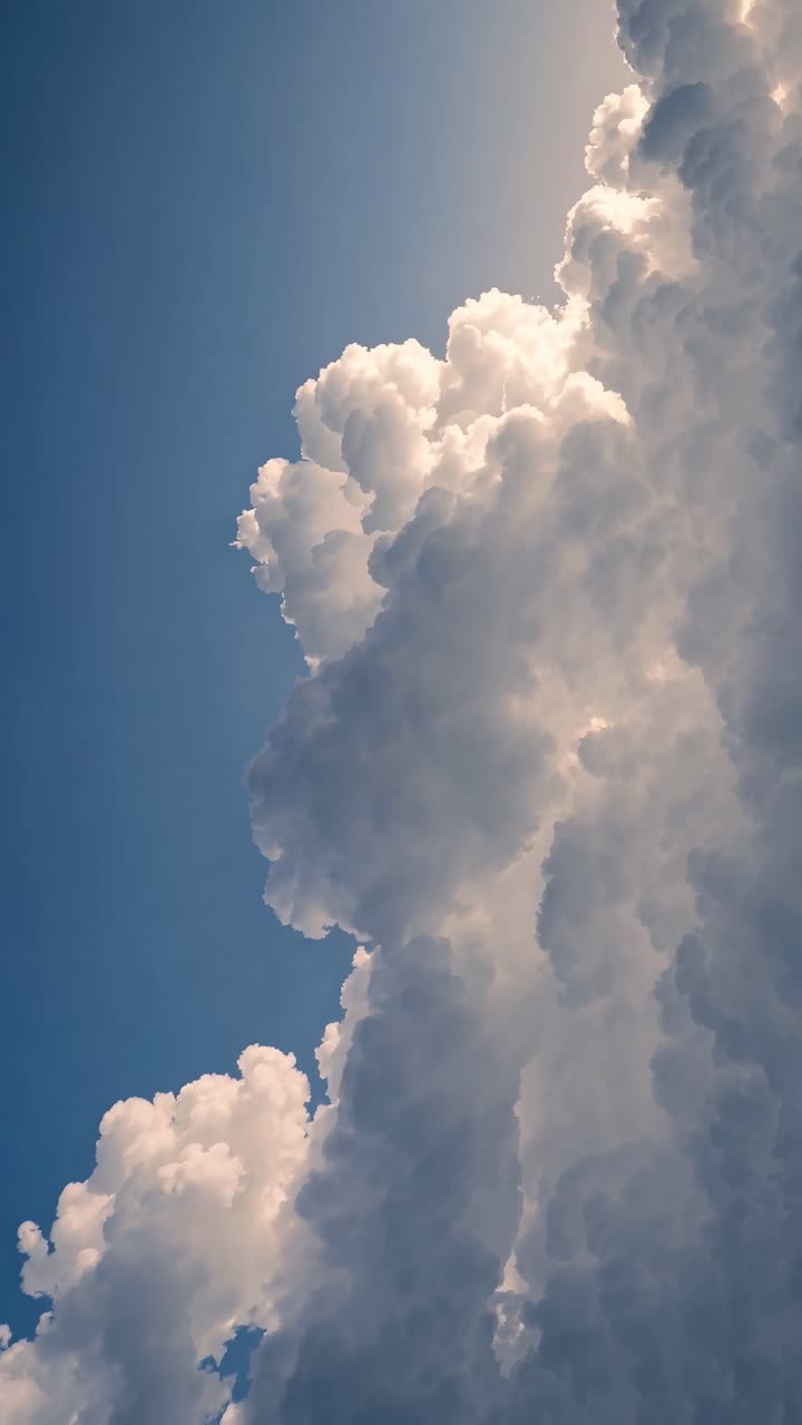 Vertical video capturing fluffy clouds against a clear blue sky, shot from a low angle