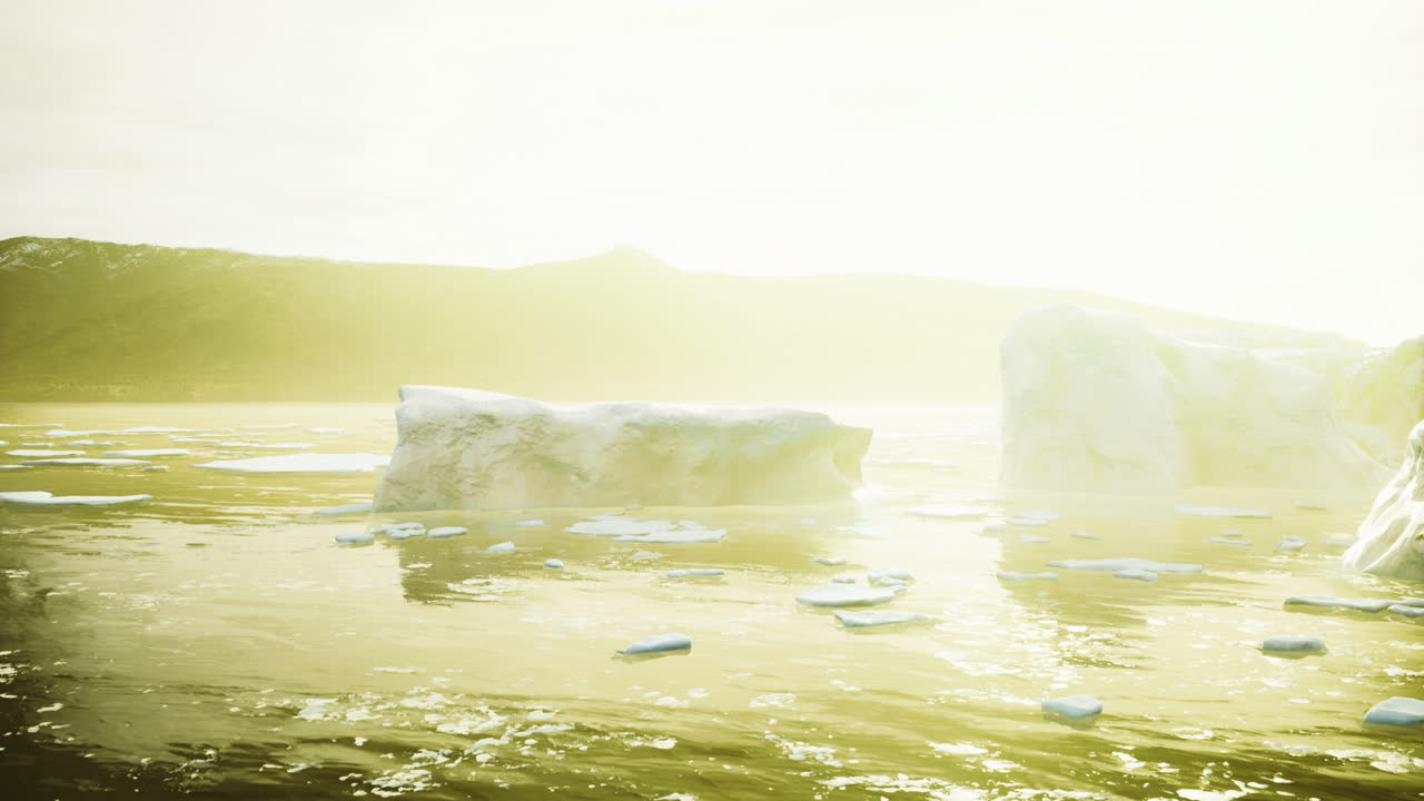 Sunlit iceberg landscape reflecting tranquil waters and distant hills