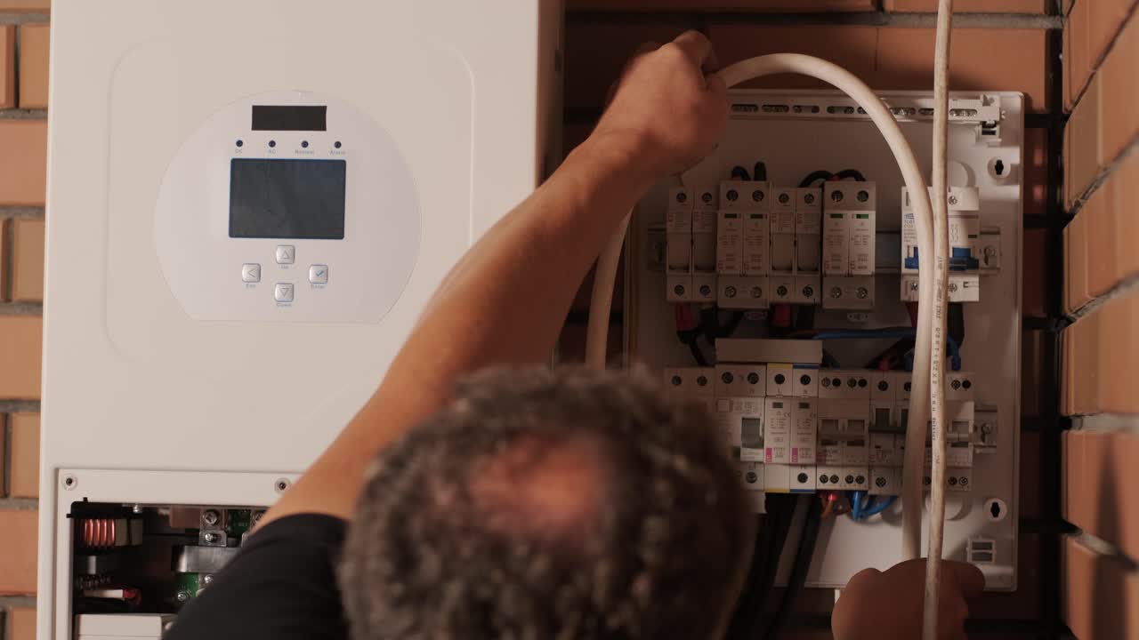 An electrician installing an inverter in a home. The image shows technical skill, modern tools, and attention to safety in electrical work