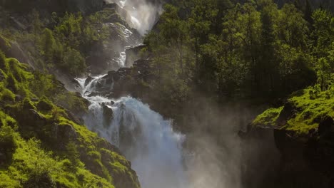 Latefossen-is-one-of-the-most-visited-waterfalls-in-Norway-and-is-located-near-Skare-and-Odda-in-the-region-Hordaland,-Norway.-Consists-of-two-separate-streams-flowing-down-from-the-lake-Lotevatnet.