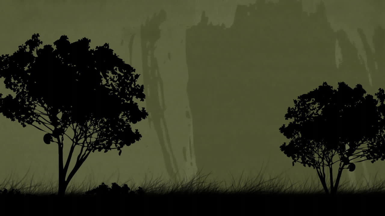 animación de árboles y hierba con siluetas sobre un fondo de textura de arañazos verdes