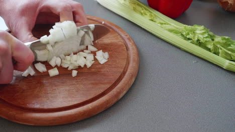 slow motion of chopping an onion in tiny cubes