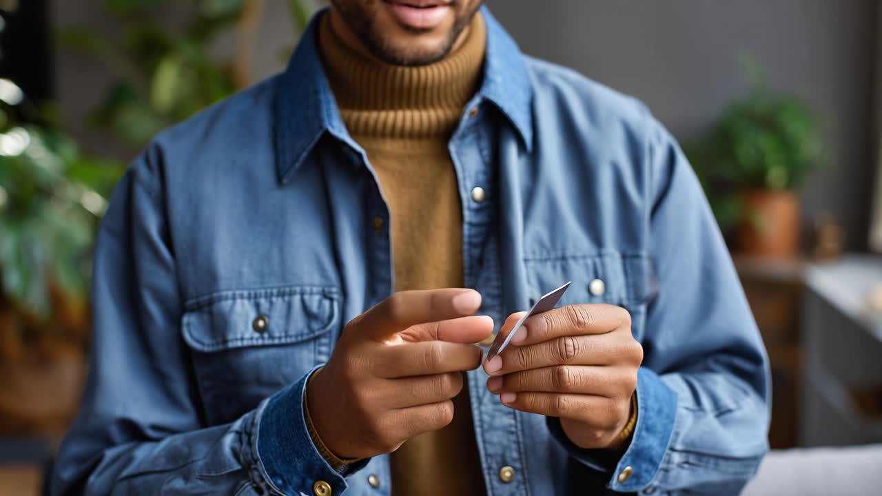 A person examining a credit card thoughtfully while seated indoors, showcasing the importance of secure transactions and mindful spending in today's digital age