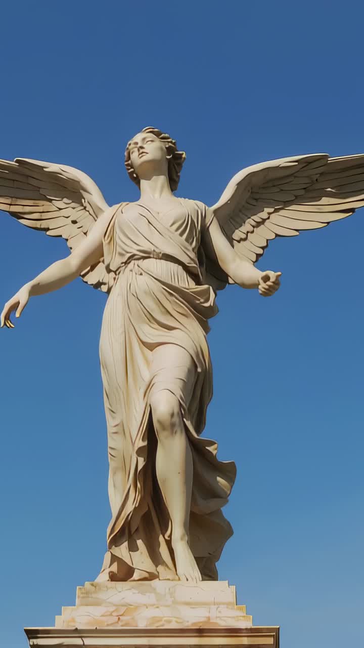 Video verticale: inclinazione della camera per rivelare una statua alata in veste su un piedistallo presso un monumento commemorativo, ali illuminate dal sole