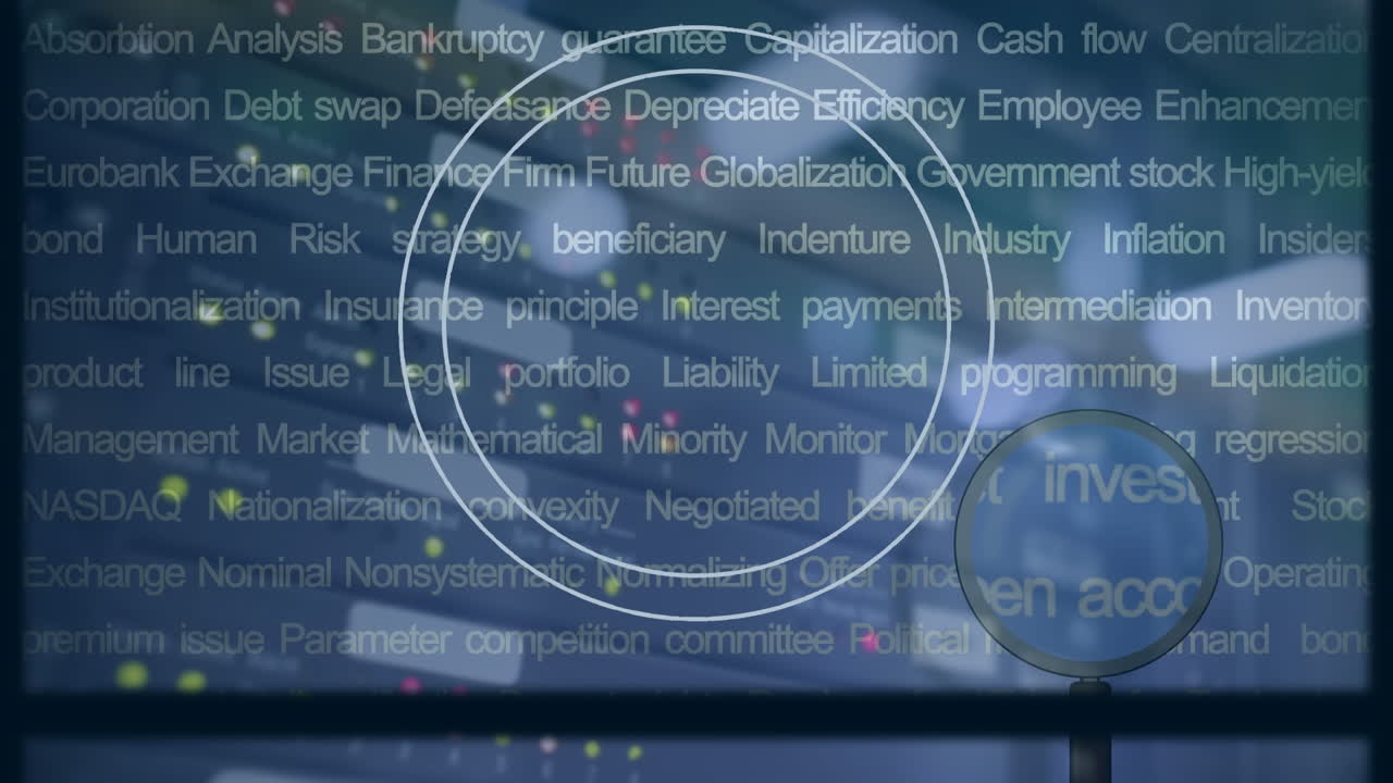 Animation of magnifying glass over business text and data processing