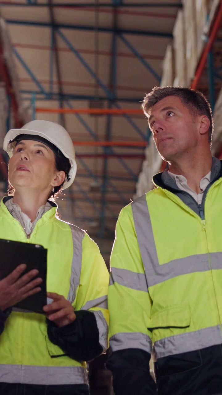 Warehouse Managers Inspecting Inventory with Digital Tablet