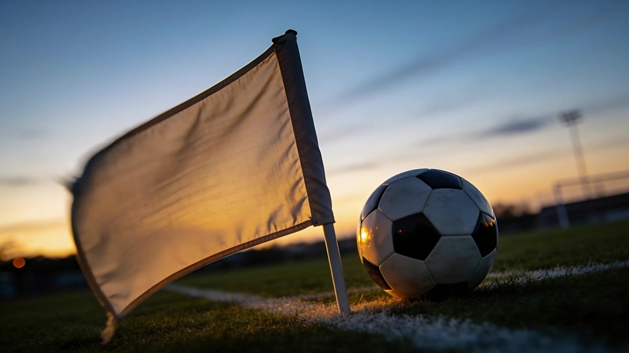 Flagrende bleg hjørneflag i let brise på bane i skumring, fodbold reflekterer.