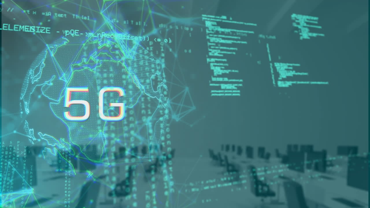 animazione di testo 5g e elaborazione dei dati su un ufficio vuoto.