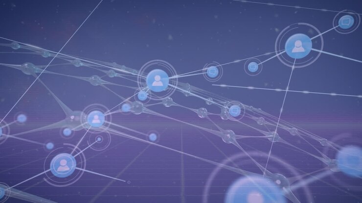 Animation of network of connections with icons over black background