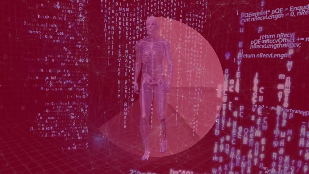 Animatie van een netwerk van verbindingen en gegevensverwerking over een menselijk lichaamsmodel.