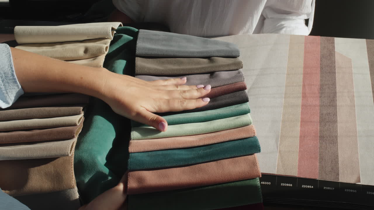 A woman's hand strokes the fabric samples that the designer holds next to the wallpaper samples. Selection of finishing materials for home repair