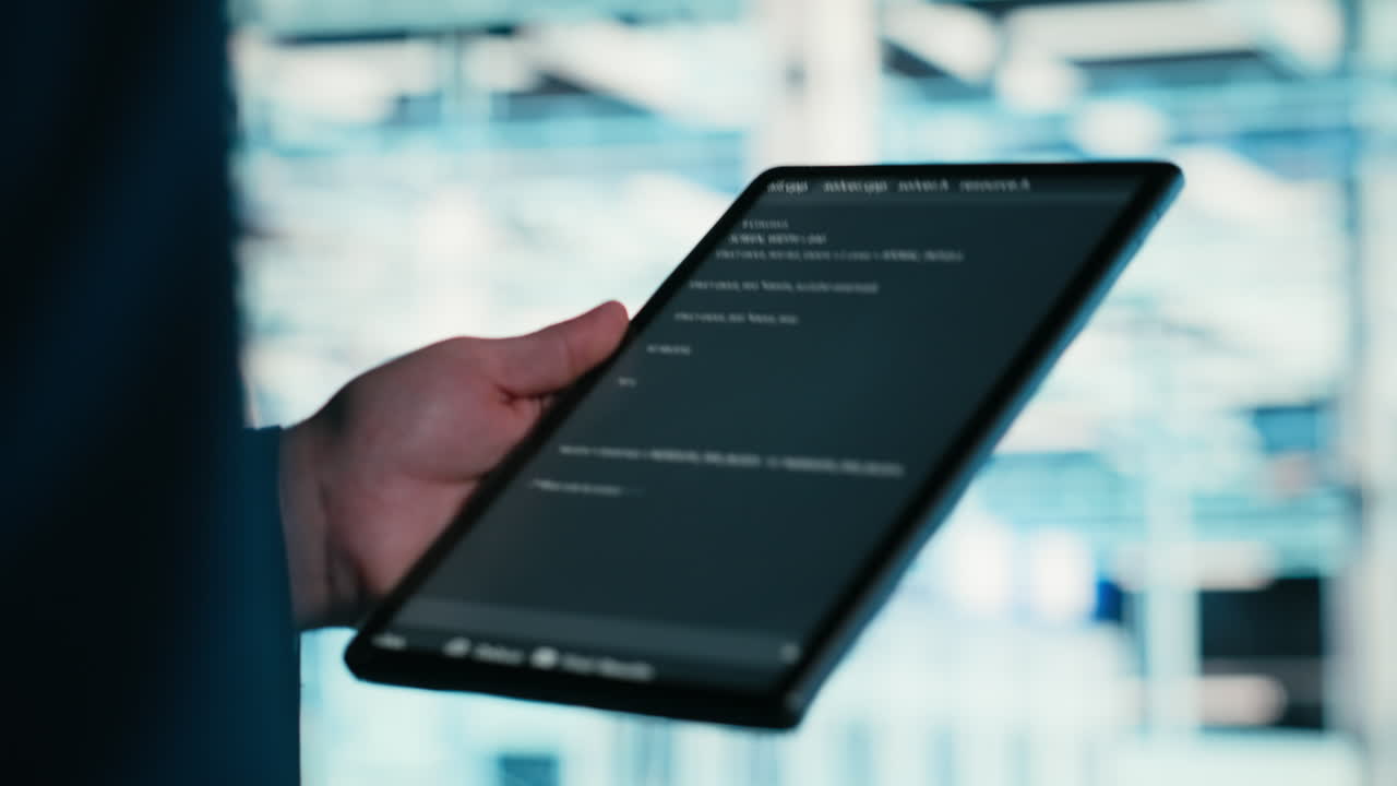 Developer's Hand Scrolling Programming Code on a Tablet