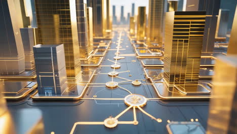 futuristic digital city with golden buildings