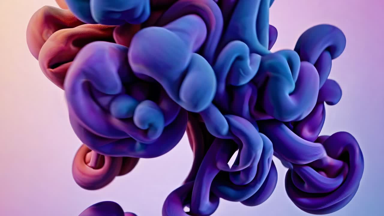 Abstract 3D rendering of swirling purple and blue shapes, viewed from a close-up angle