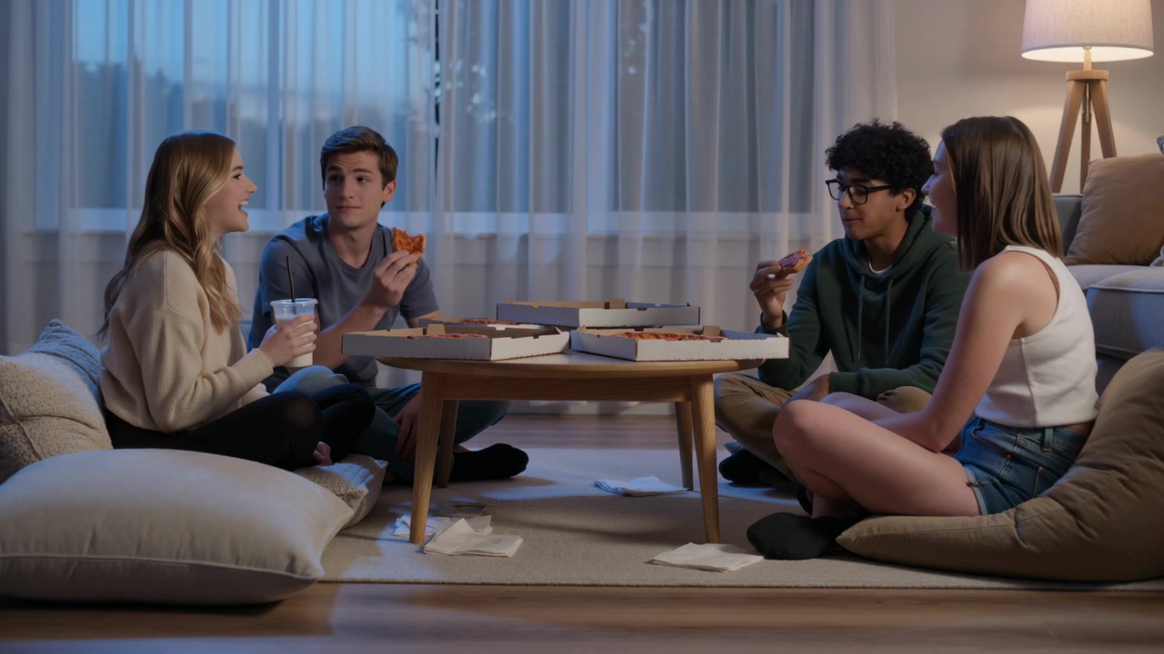 Opening pizza box, group of four friends sharing slices and chatting on low wooden coffee table