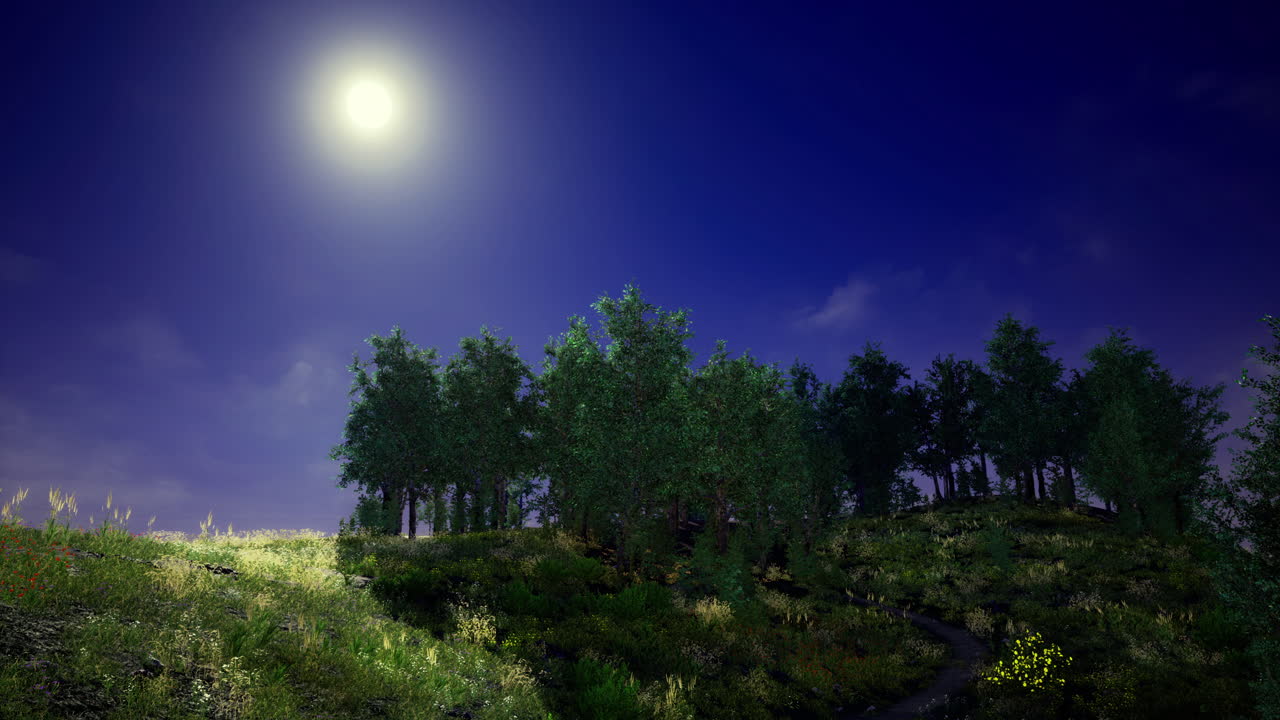 Notte al chiaro di luna illumina una foresta tranquilla sotto un cielo stellato