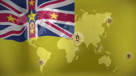 bitcoin symbols and world map animation over niue flag background