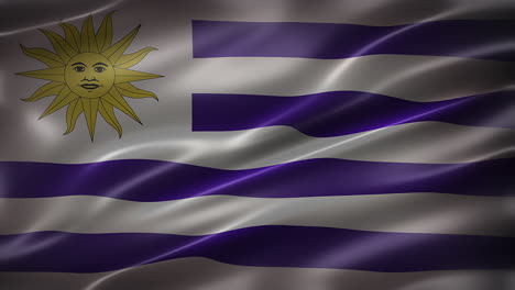 la bandera nacional de uruguay, vista frontal, cuadro completo, brillante, elegante, textura sedosa, ondeando en el viento, animación realista de 4k cg, sensación y aspecto cinematográfico, con capacidad de bucle sin costuras