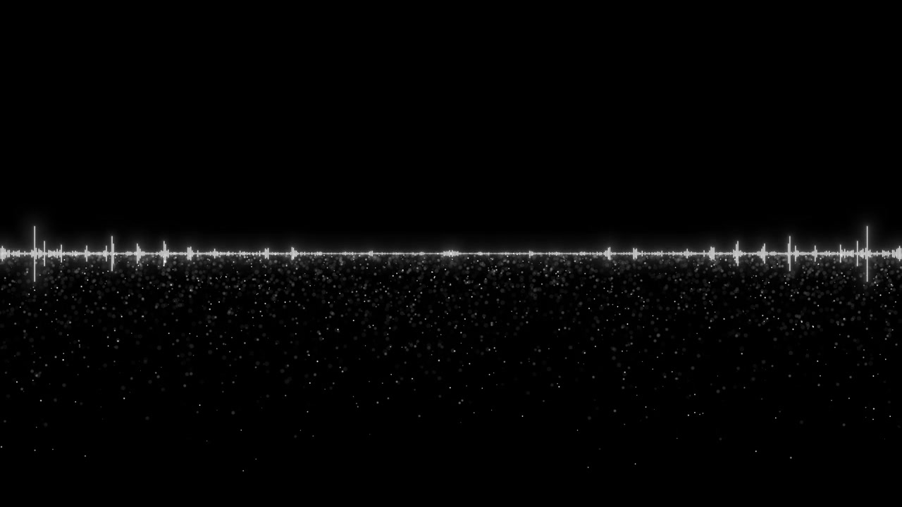 Monochrome sound equalizer visual with white frequency bars dark particle field and clean audio