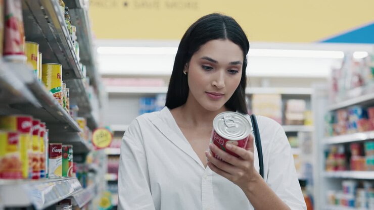 Woman Shopping for Canned Goods in a Grocery Store