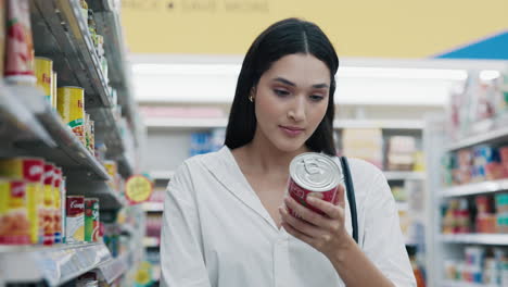 woman shopping for canned goods in a grocery store
