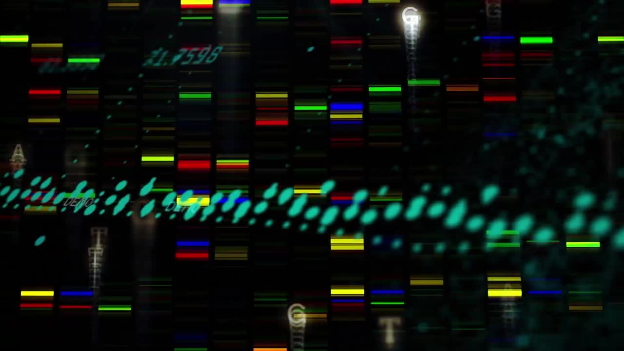 animación digital del procesamiento de datos sobre cuadrados de mosaico coloridos contra un fondo negro
