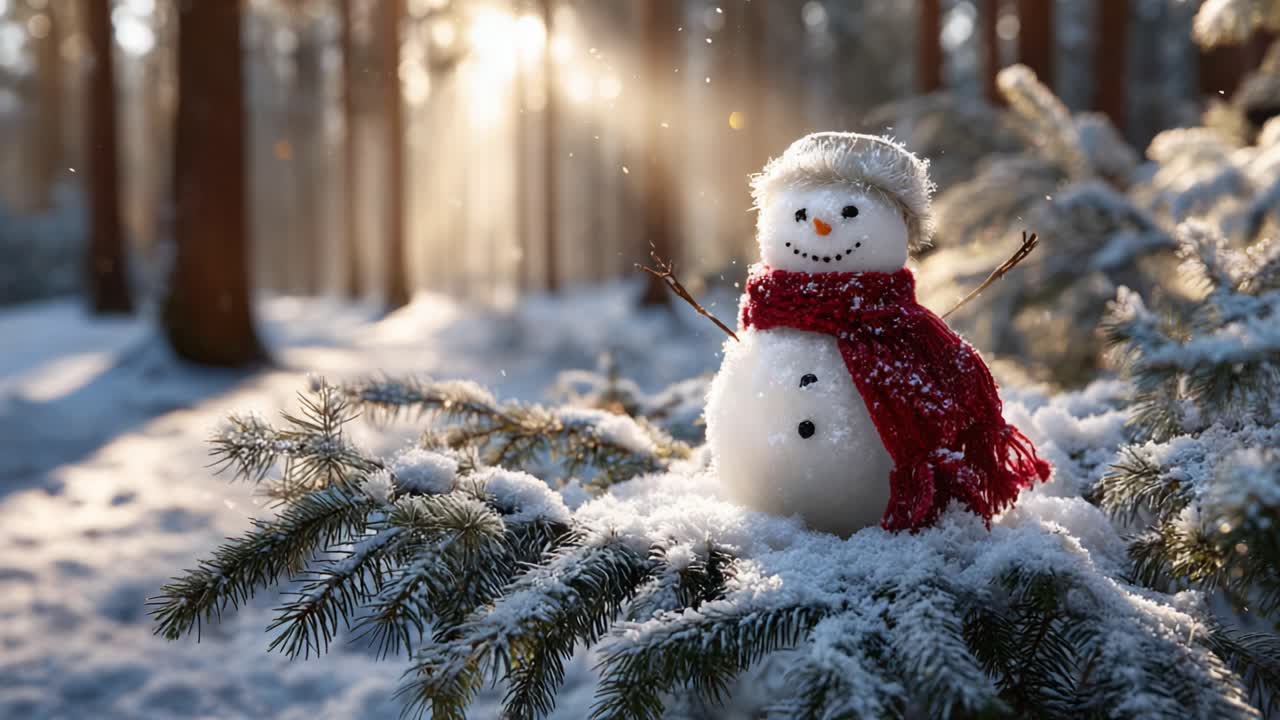 Charming Snowman Delightfully Perched on a Snow-Covered Pine Branch in a Winter Wonderland, Radiating Cheerfulness Amidst Golden Sunrays Filtering Through Forest Trees