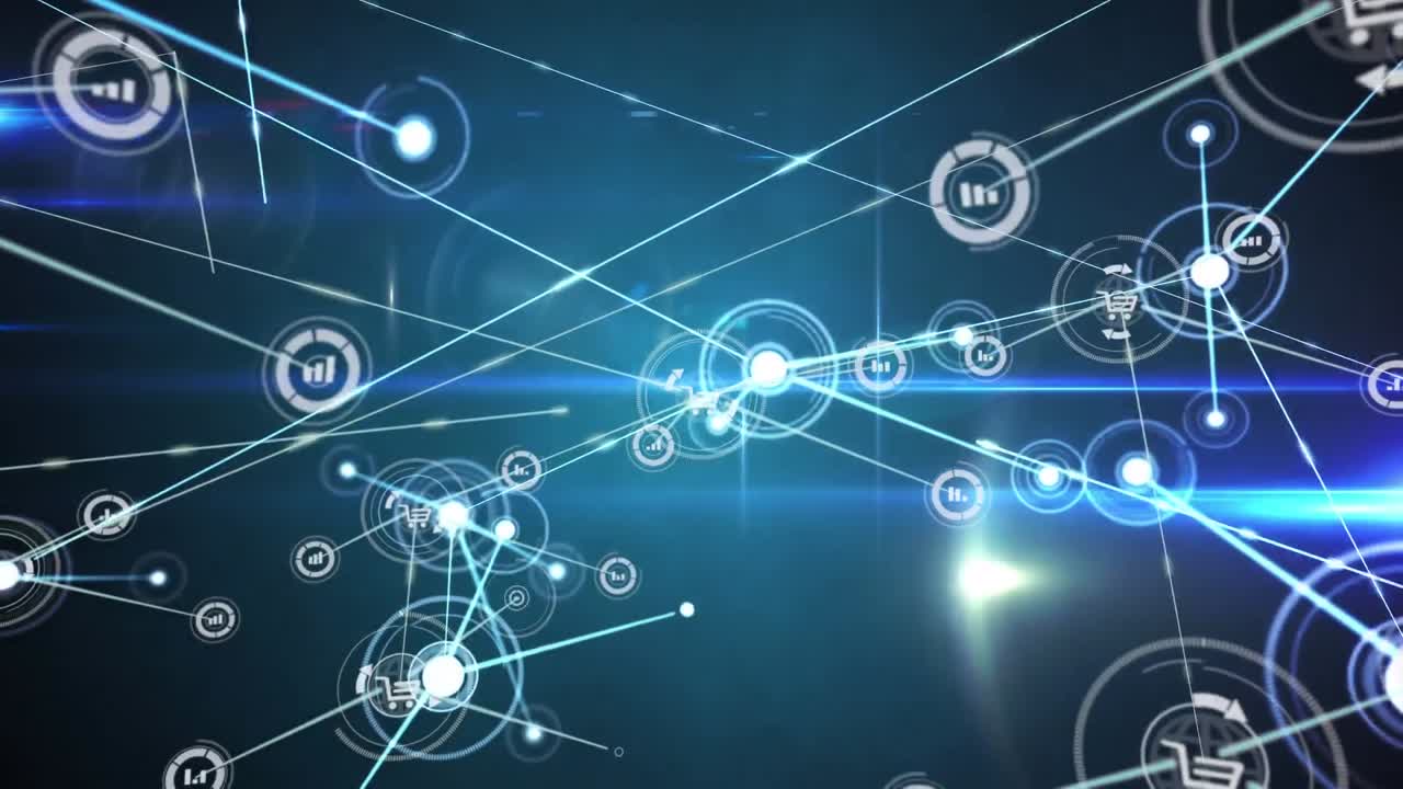 Animation of network of information and shopping cart icons transferring data over glowing lights