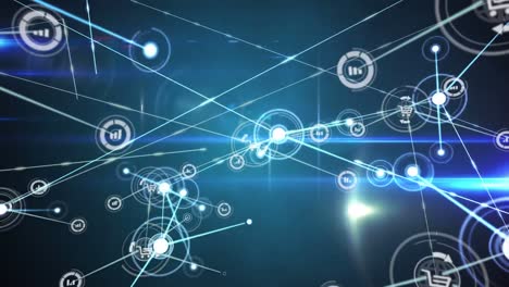 animación de la red de iconos de información y carrito de compras que transfieren datos a través de luces brillantes